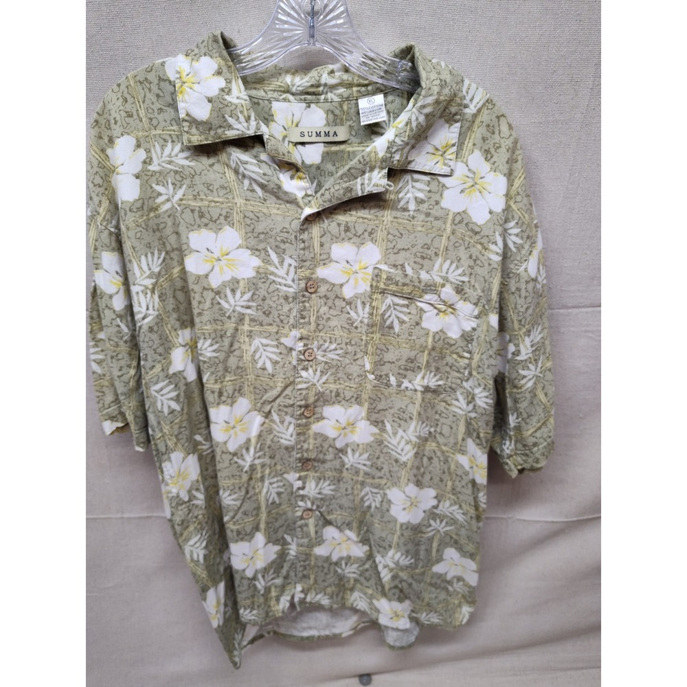 Summa Mens XL Short Sleeve Tropical Floral Button Up Shirt Sage Green White 1842